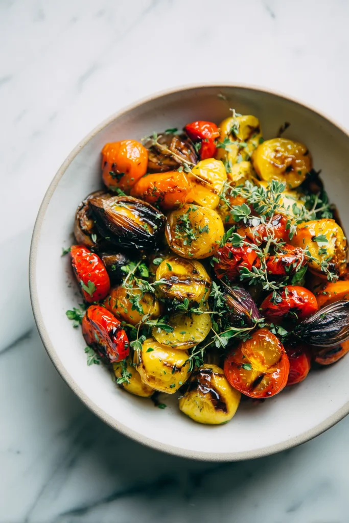 Balsamic Glazed Roasted Vegetables 4 A serving bowl filled with colorful Balsamic Glazed Roasted Vegetables, garnished with herbs.