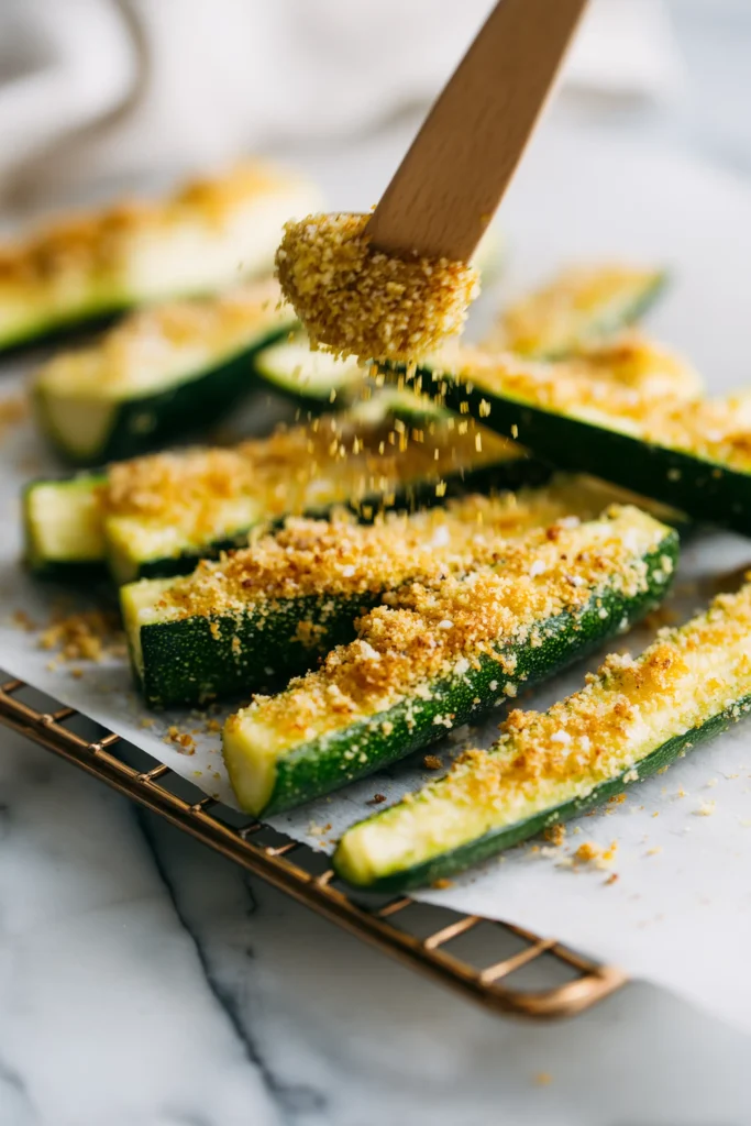 Zucchini wedges on a rack being coated with a Parmesan breadcrumb mixture.