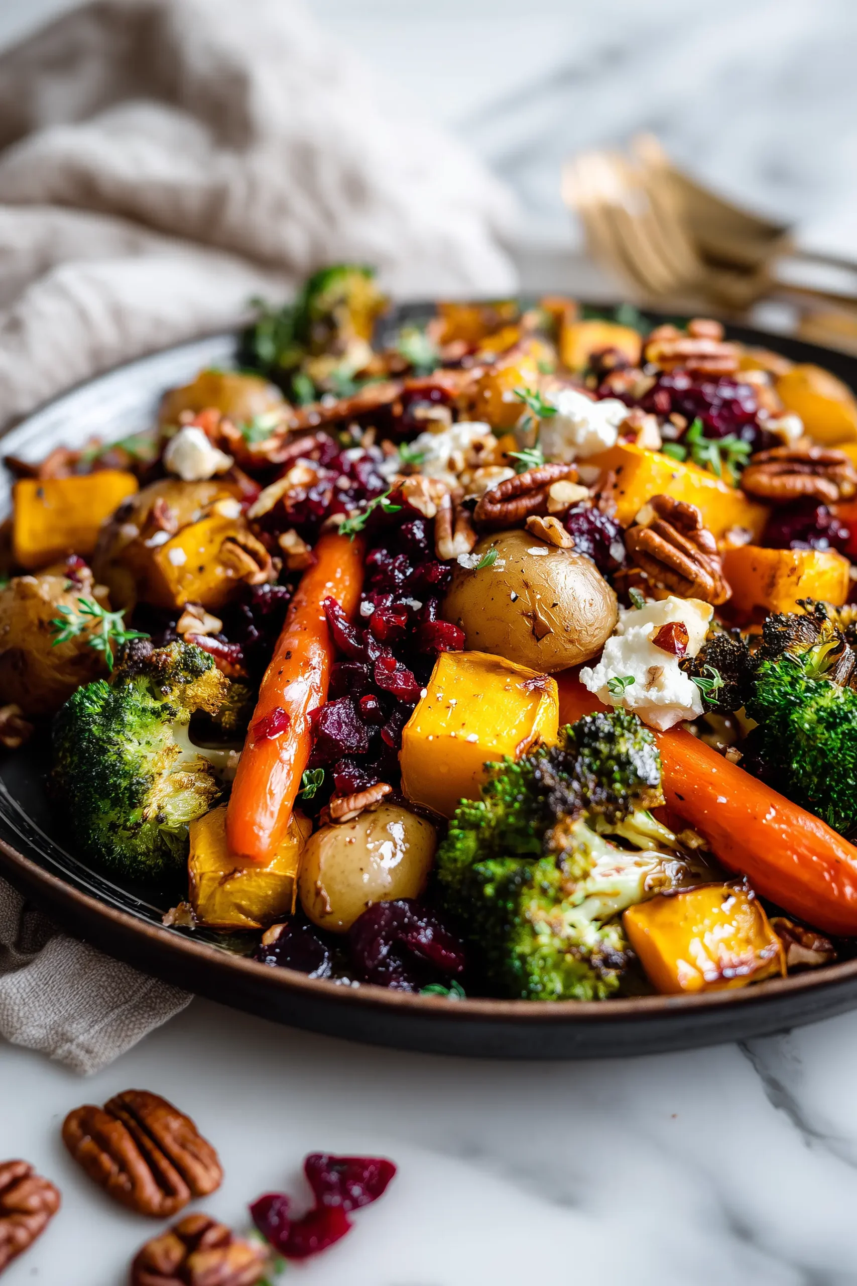 A sheet pan filled with Caramelized Butternut Squash, Carrots, Broccoli, and Yukon Potatoes with Feta, Pecans, and Cranberry-Honey Glaze, colorful and fresh on a bright background.