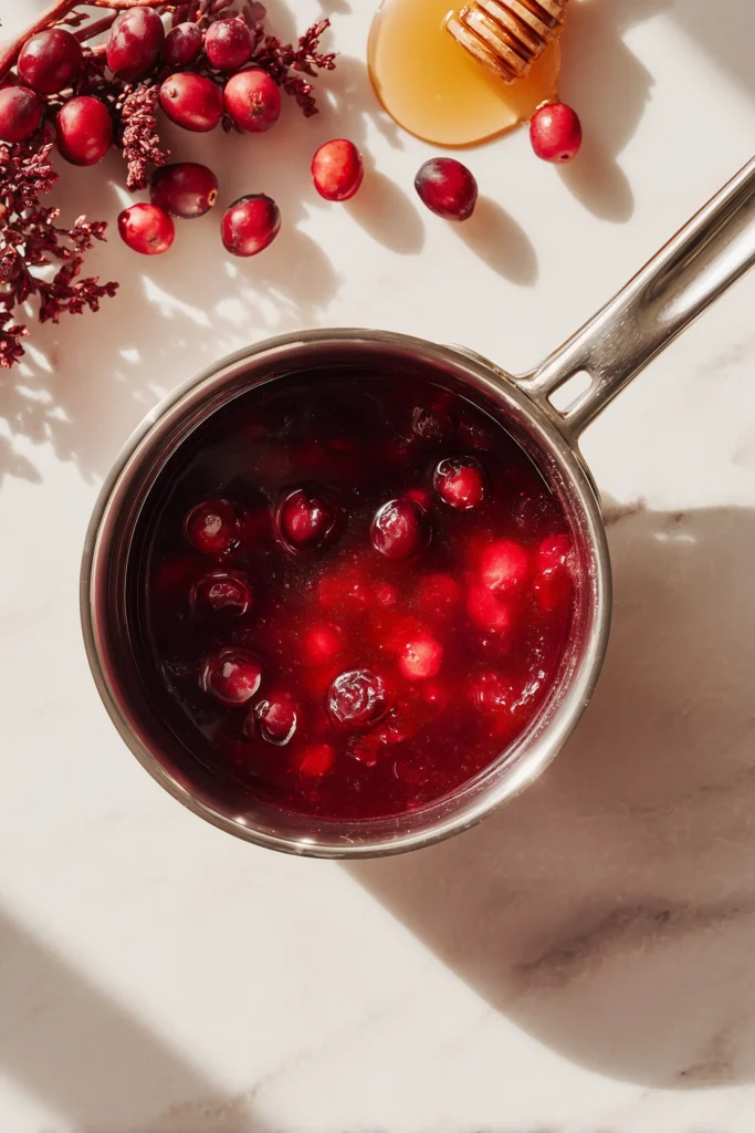 A saucepan of vibrant cranberry-honey glaze on the stove, destined for Caramelized Butternut Squash, Carrots, Broccoli, and Yukon Potatoes with Feta, Pecans, and Cranberry-Honey Glaze.