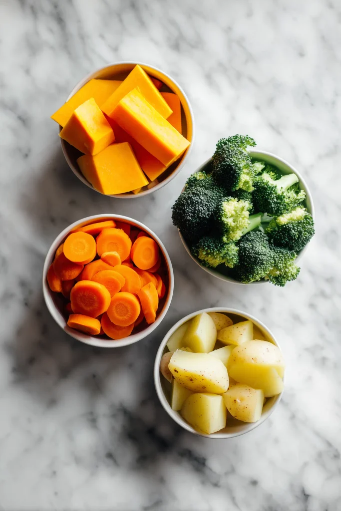 Bowls of butternut squash, carrots, broccoli, and Yukon potatoes on a white marble background for making Caramelized Butternut Squash, Carrots, Broccoli, and Yukon Potatoes with Feta, Pecans, and Cranberry-Honey Glaze.