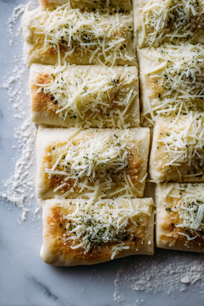 Dough rectangles being layered with cheese and garlic butter for Easy Cheesy Garlic Pull Apart Bread Recipe.