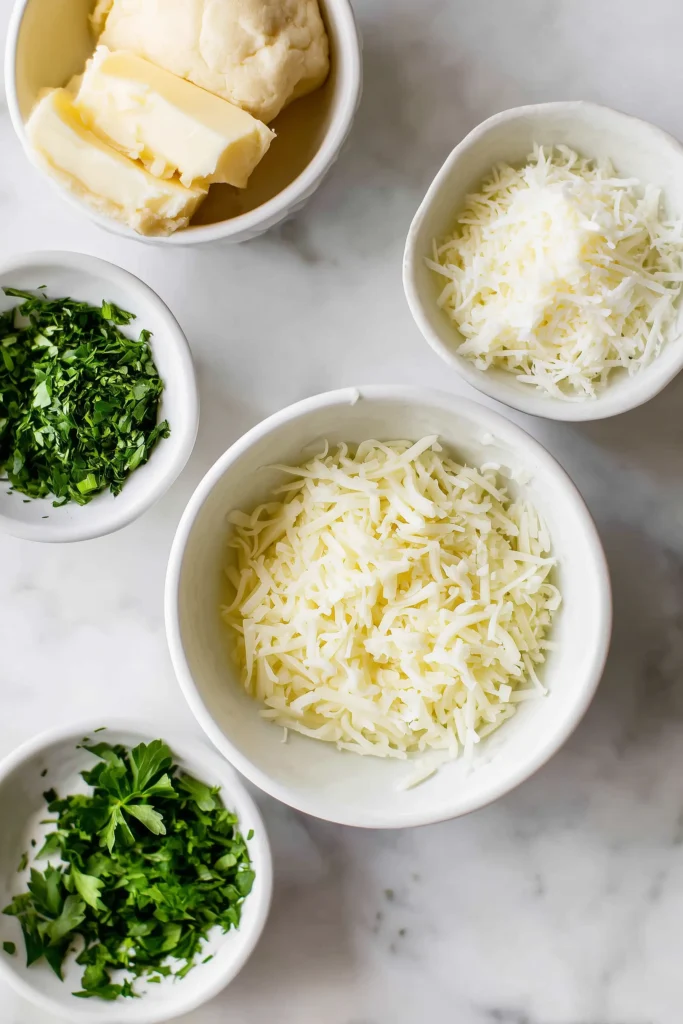 All ingredients for Easy Cheesy Garlic Pull Apart Bread Recipe including cheeses, butter, herbs, and dough on a marble background.