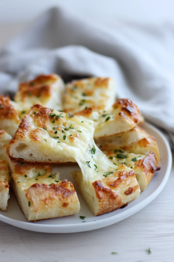 Pulled apart pieces of Easy Cheesy Garlic Pull Apart Bread Recipe with melted cheese and golden edges on a plate.