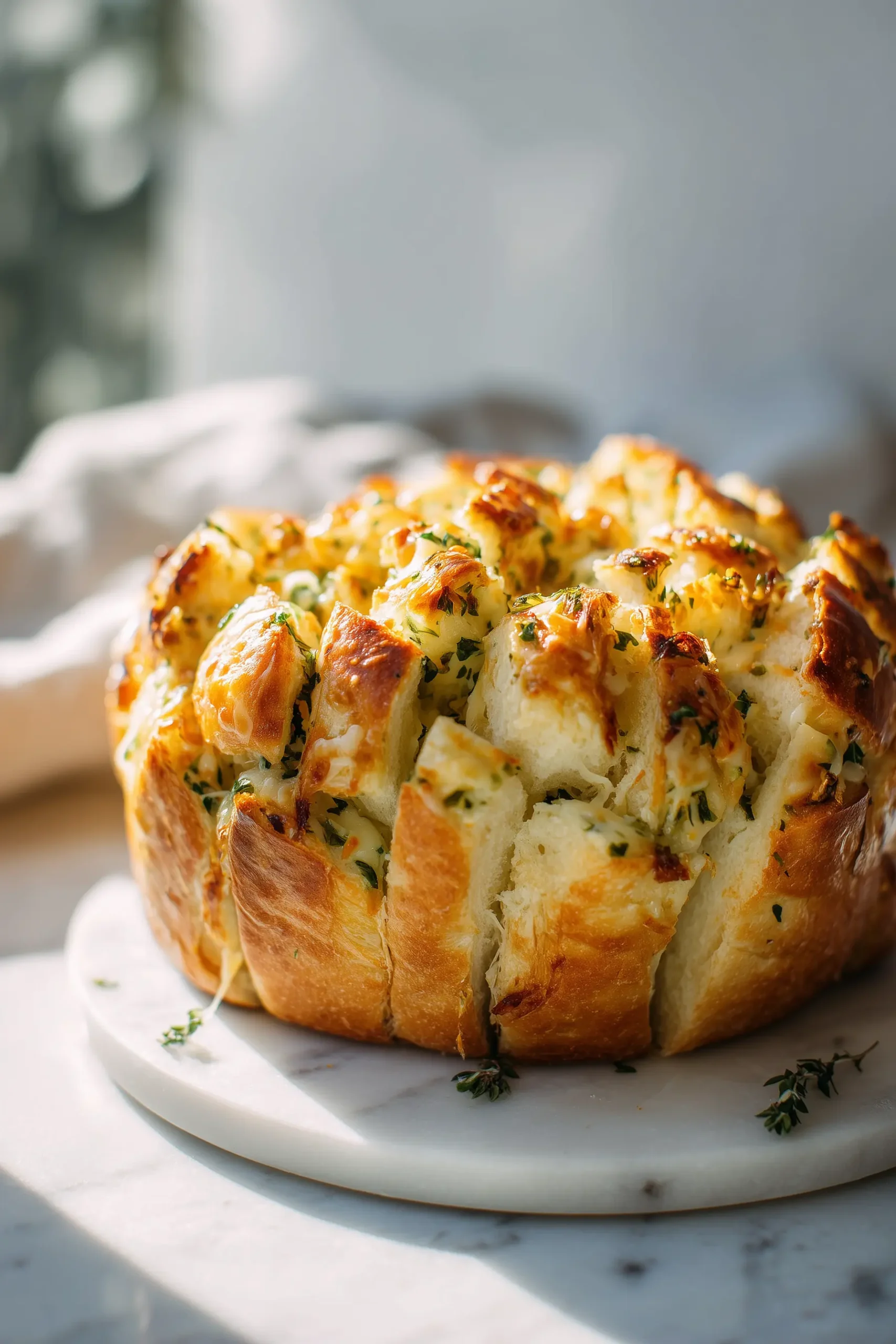 A loaf of Easy Cheesy Garlic Pull Apart Bread Recipe with golden, cheesy layers sitting on a marble background.