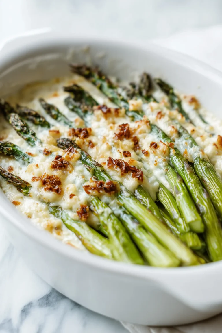 Cheesy garlic roasted asparagus recipe displayed in a bright dish with golden, bubbly cheese atop roasted asparagus.