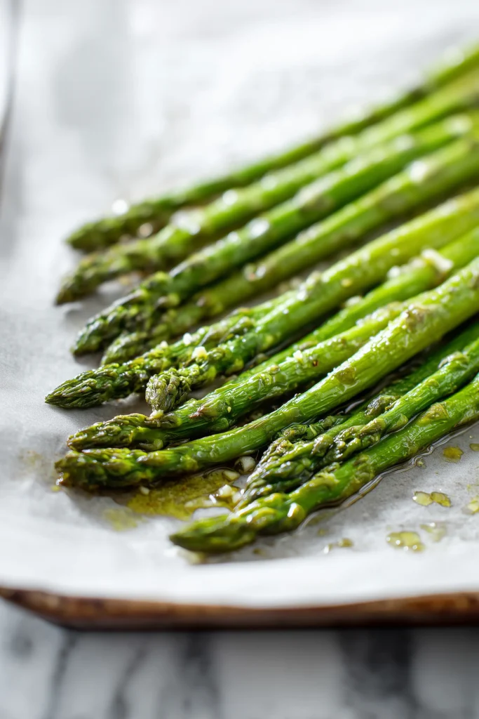 Cheesy garlic roasted asparagus recipe prep showing asparagus spears on a baking sheet ready to roast.