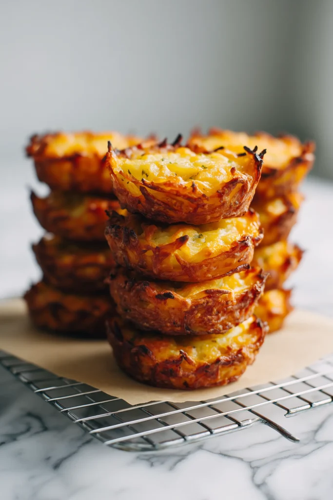 Golden baked Cheesy Mini Potato Gratin Stacks (Muffin Tin) cooling on a rack with crispy edges and melty tops.