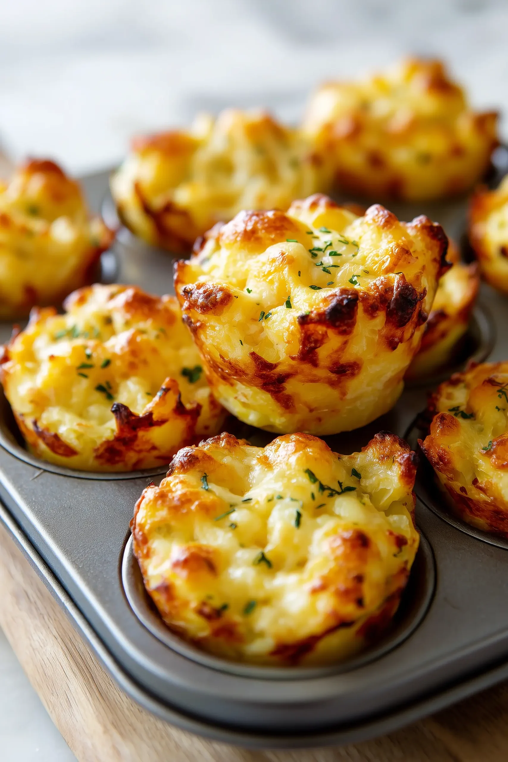 Rows of Cheesy Mini Potato Gratin Stacks (Muffin Tin) with golden edges and melted cheese in a muffin tin.