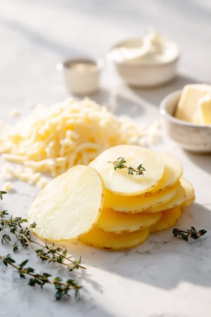 Potato slices, cheese, and fresh herbs prepared for Cheesy Mini Potato Gratin Stacks (Muffin Tin) on a bright marble background.