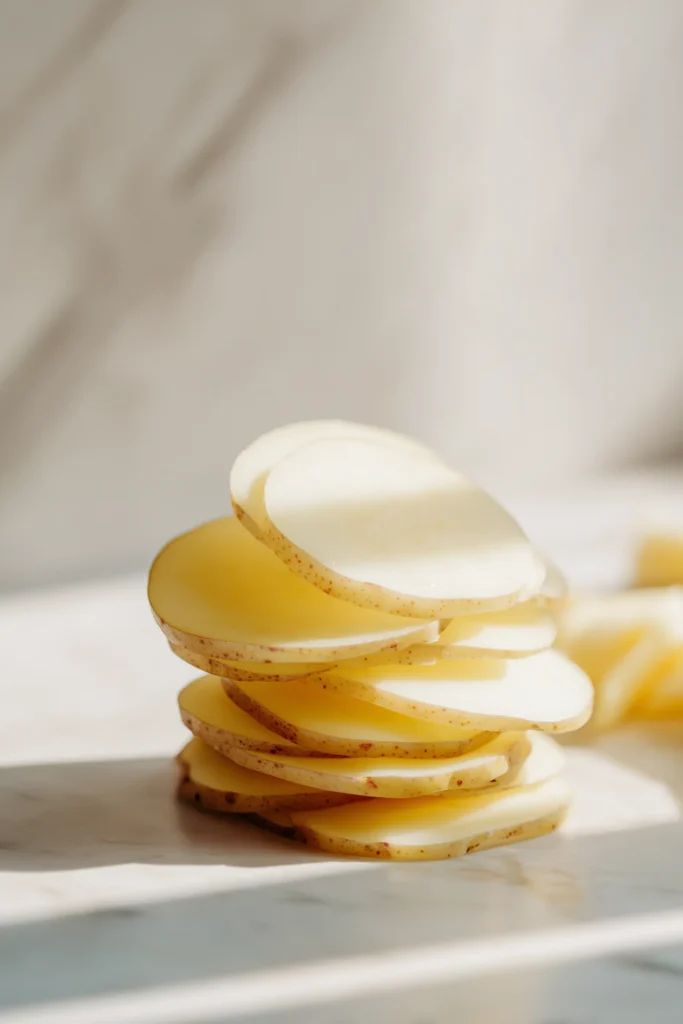 Close-up of Cheesy Mini Potato Gratin Stacks (Muffin Tin) being assembled in a muffin tin.