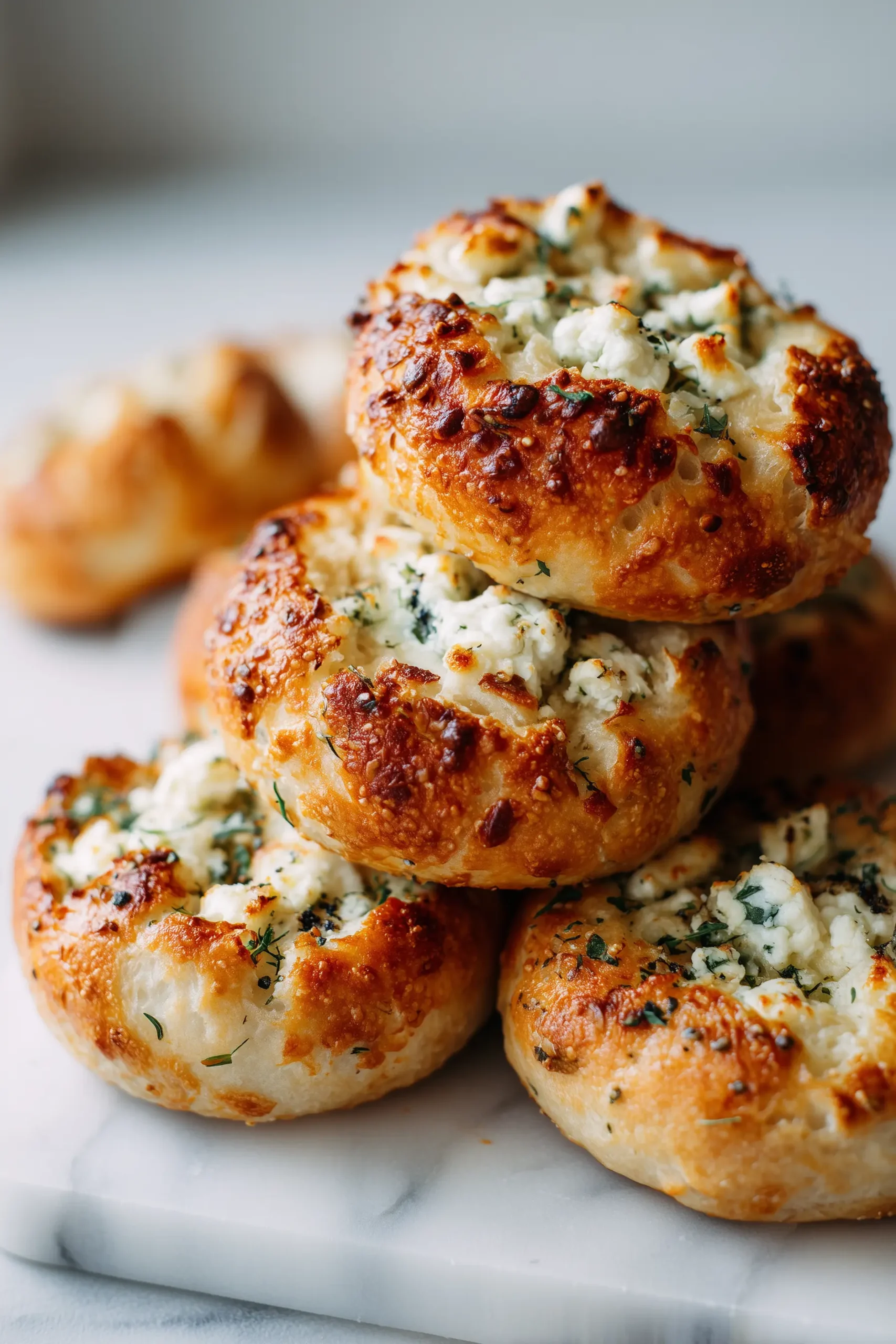 A stack of 5 Irresistible Cottage Cheese Flagels on a bright marble surface, showing their golden color and cheesy pockets.