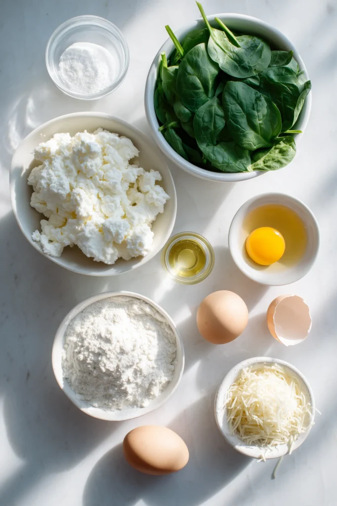 Overhead image of ingredients for 5 Irresistible Cottage Cheese Flagels, including cottage cheese, spinach, flour, and cheese.