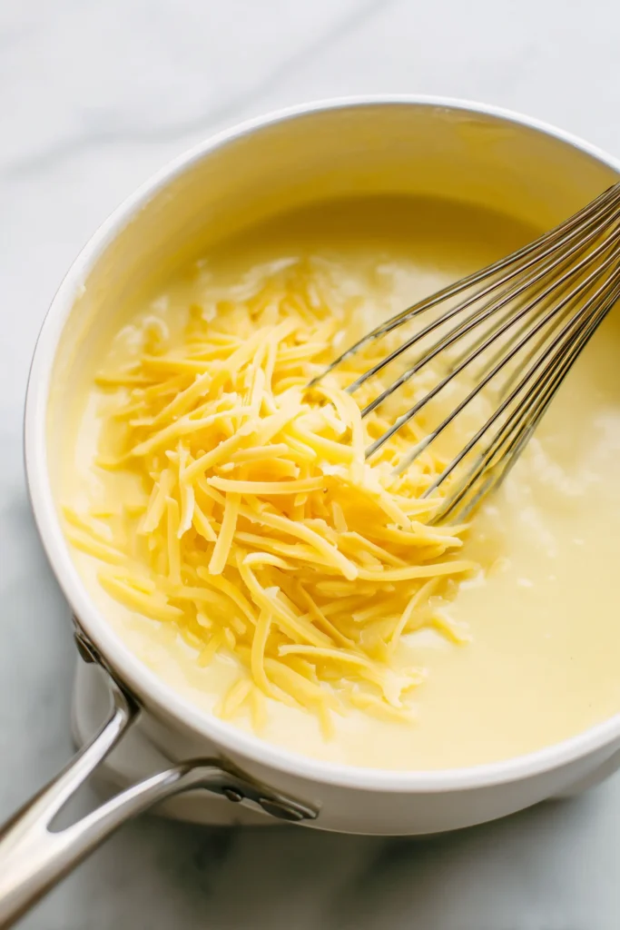 High Protein Cauliflower Mac Cheese Casserole 2 Creamy cheese sauce for high protein cauliflower mac cheese casserole being whisked in a white saucepan, shot close-up.