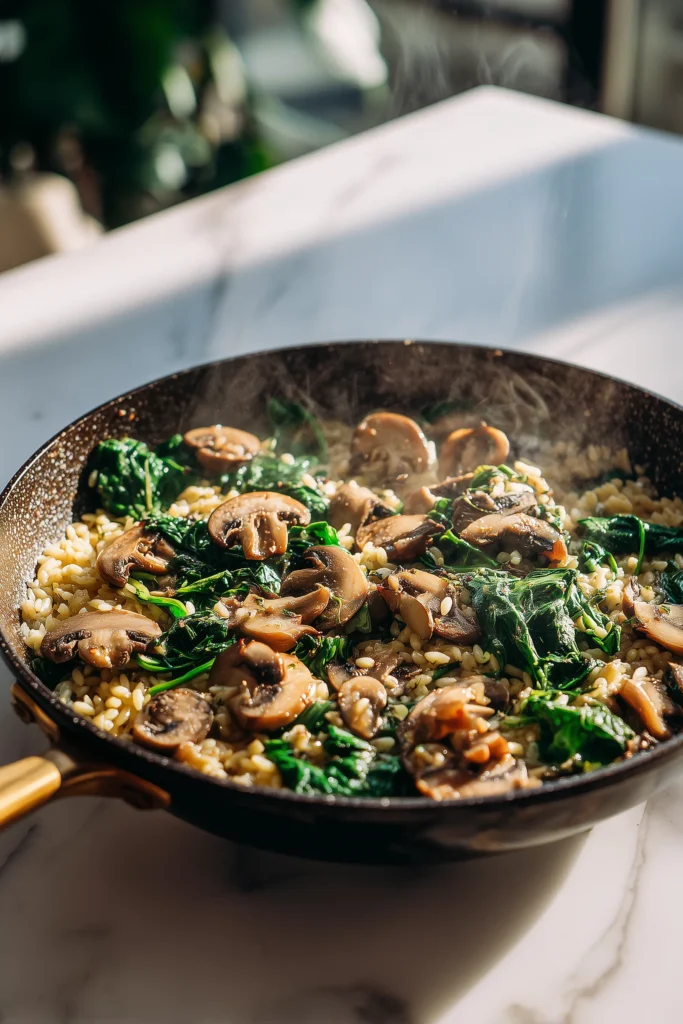 Creamy mushroom orzo in one pan recipe cooking in a skillet with mushrooms, orzo, spinach, and creamy sauce.