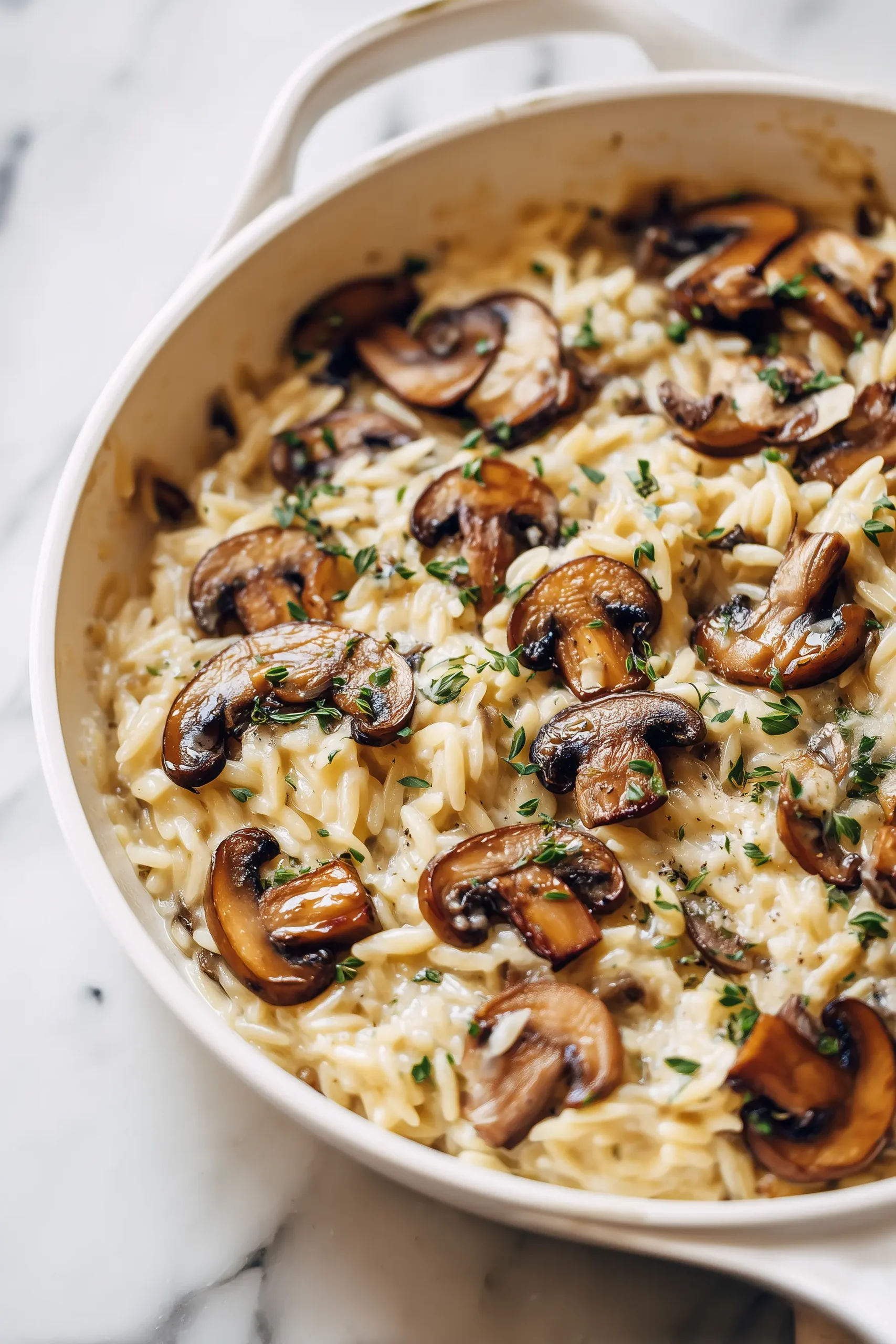 A skillet of creamy mushroom orzo in one pan recipe with golden mushrooms, creamy sauce, and fresh herbs overhead on a light background.