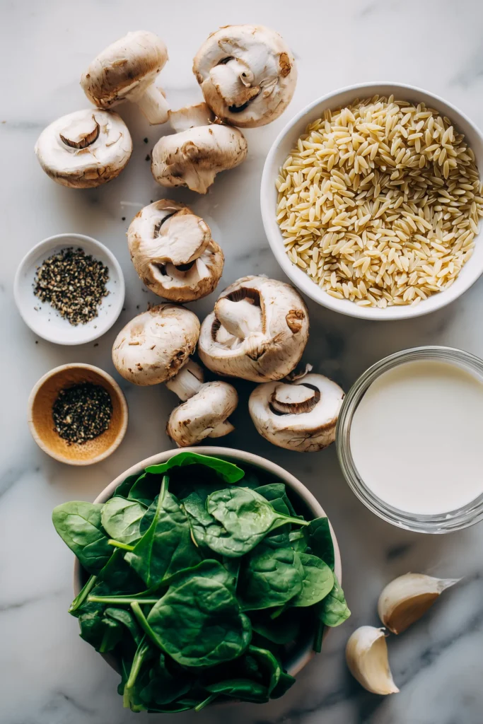 Ingredients for creamy mushroom orzo in one pan recipe including mushrooms, orzo, spinach, and seasonings arranged on a bright surface.