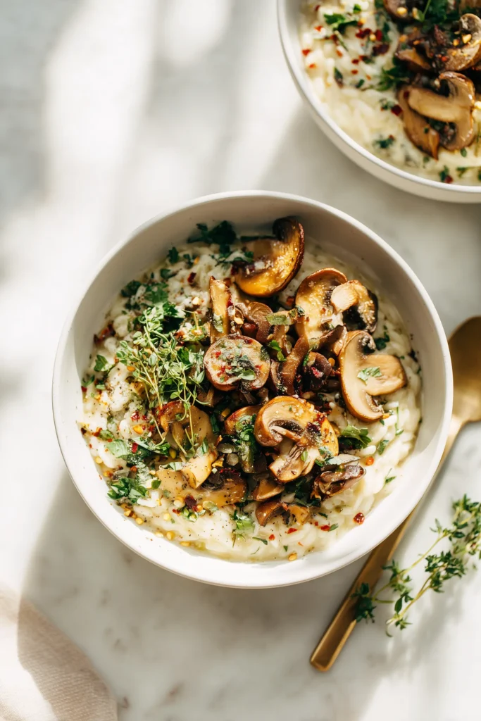A bowl of creamy mushroom orzo in one pan recipe garnished with mushrooms, herbs, and red pepper flakes on a light background.