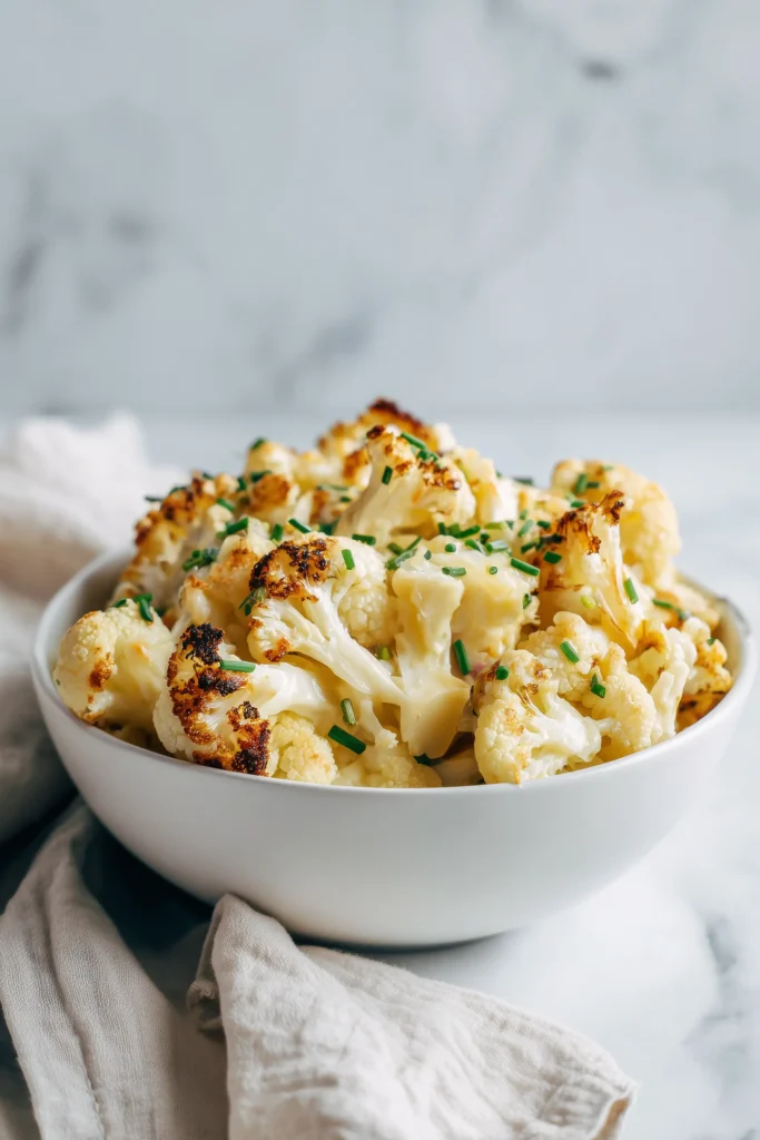 High Protein Cauliflower Mac Cheese Casserole 4 Portion of high protein cauliflower mac cheese casserole in a white bowl, topped with gooey cheese and fresh chives.
