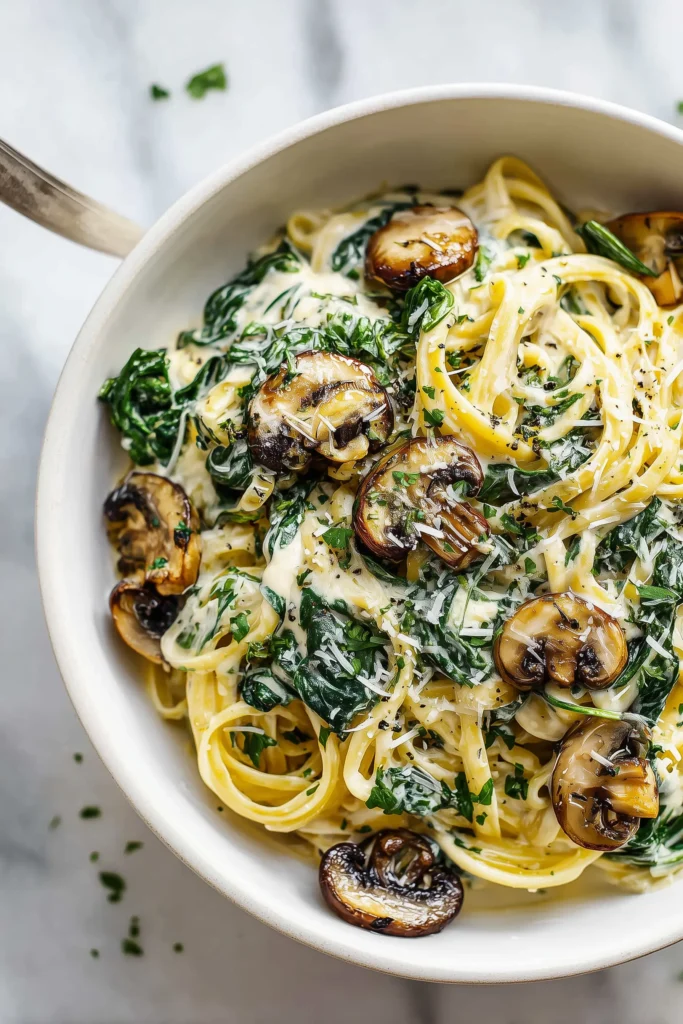 A bowl of Creamy Spinach Mushroom Pasta with creamy sauce, mushrooms, spinach, and Parmesan in a cozy, bright setting.
