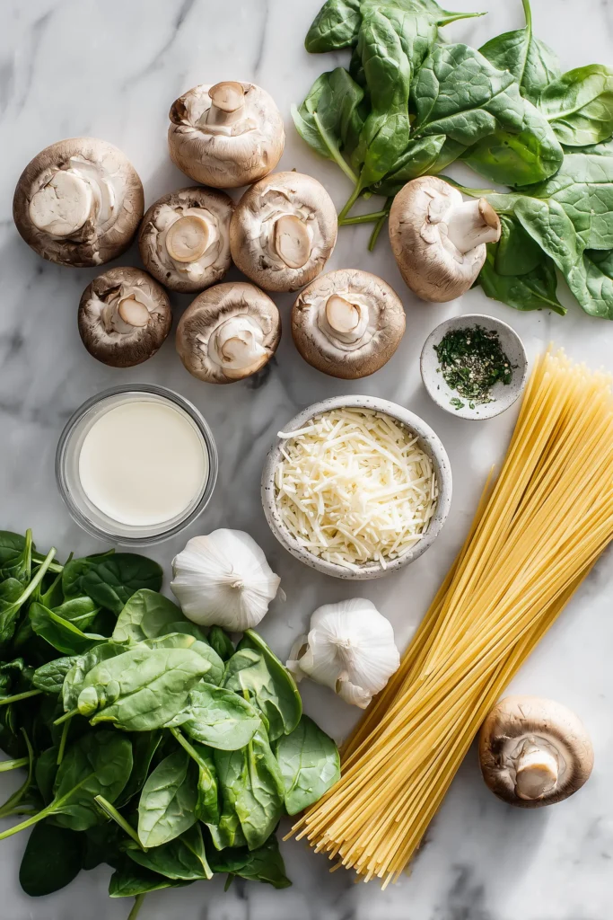 Essential ingredients for Creamy Spinach Mushroom Pasta including pasta, spinach, mushrooms, cheese, and seasonings, overhead on a marble surface.