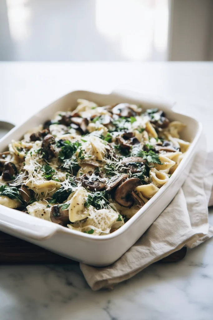 A large serving bowl of Creamy Spinach Mushroom Pasta with mushrooms, spinach, and creamy sauce, garnished for a family meal.