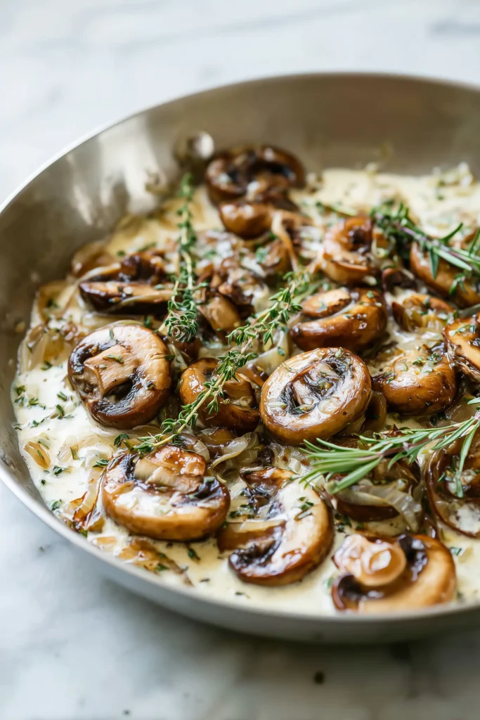 Creamy White Bean and Mushroom Skillet Dinner 3 Mushrooms and onions browning in a skillet as part of Creamy White Bean and Mushroom Skillet Dinner.