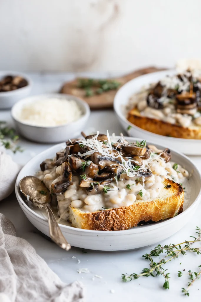 Creamy White Bean and Mushroom Skillet Dinner 4 Serving suggestion for Creamy White Bean and Mushroom Skillet Dinner over toasted bread with cheese and herbs.