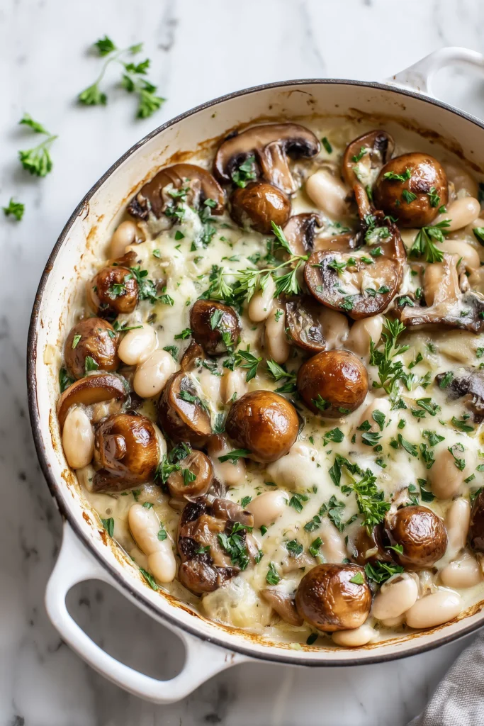 Creamy White Bean and Mushroom Skillet Dinner in a bright skillet, topped with fresh parsley and golden onions, on a marble surface.