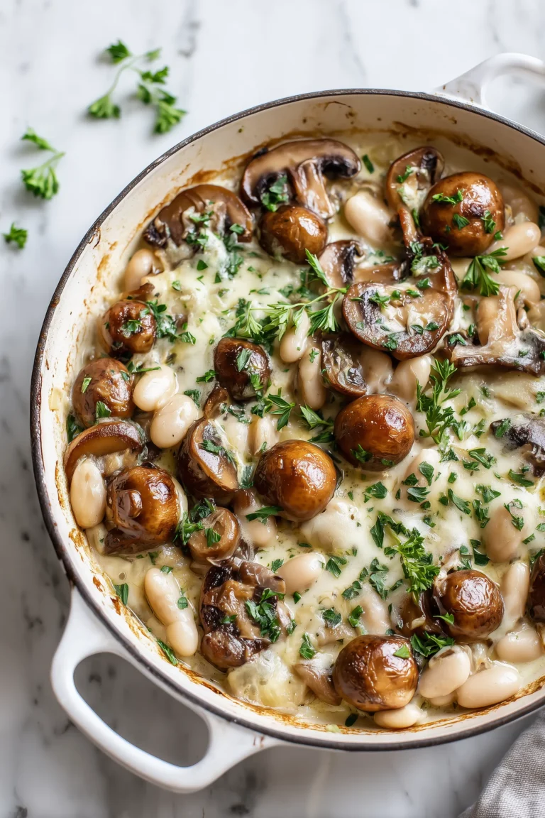 Creamy White Bean and Mushroom Skillet Dinner in a bright skillet, topped with fresh parsley and golden onions, on a marble surface.