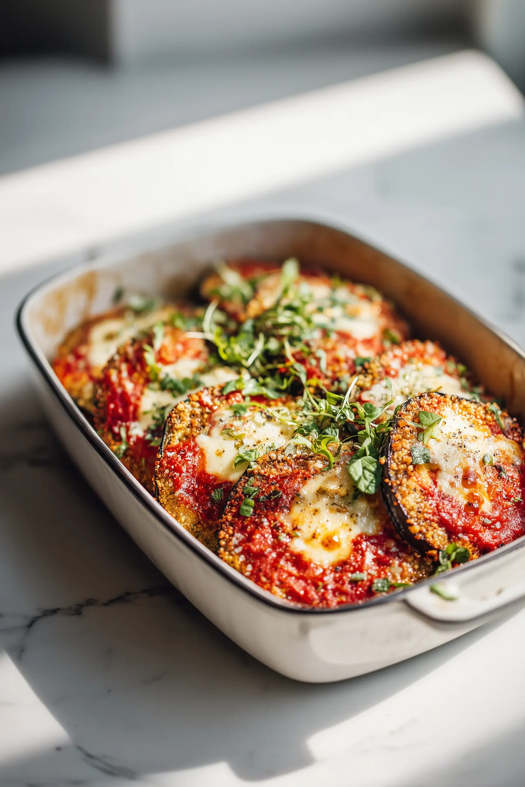 Crispy Baked Eggplant Parmesan in a white baking dish, showing golden breading and bubbling cheese.