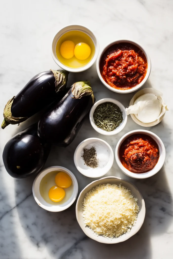 Crispy Baked Eggplant Parmesan 2 Ingredients for Crispy Baked Eggplant Parmesan arranged on a light marble counter.