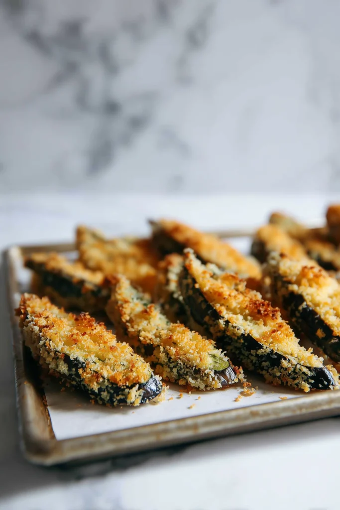 Crispy Baked Eggplant Parmesan 3 Breaded eggplant slices lined up on a parchment baking tray for Crispy Baked Eggplant Parmesan.