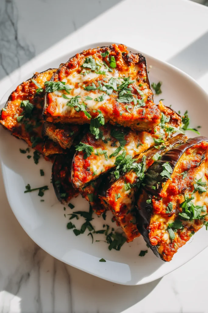 Crispy Baked Eggplant Parmesan 4 Slices of Crispy Baked Eggplant Parmesan on a white platter with fresh herbs on top.