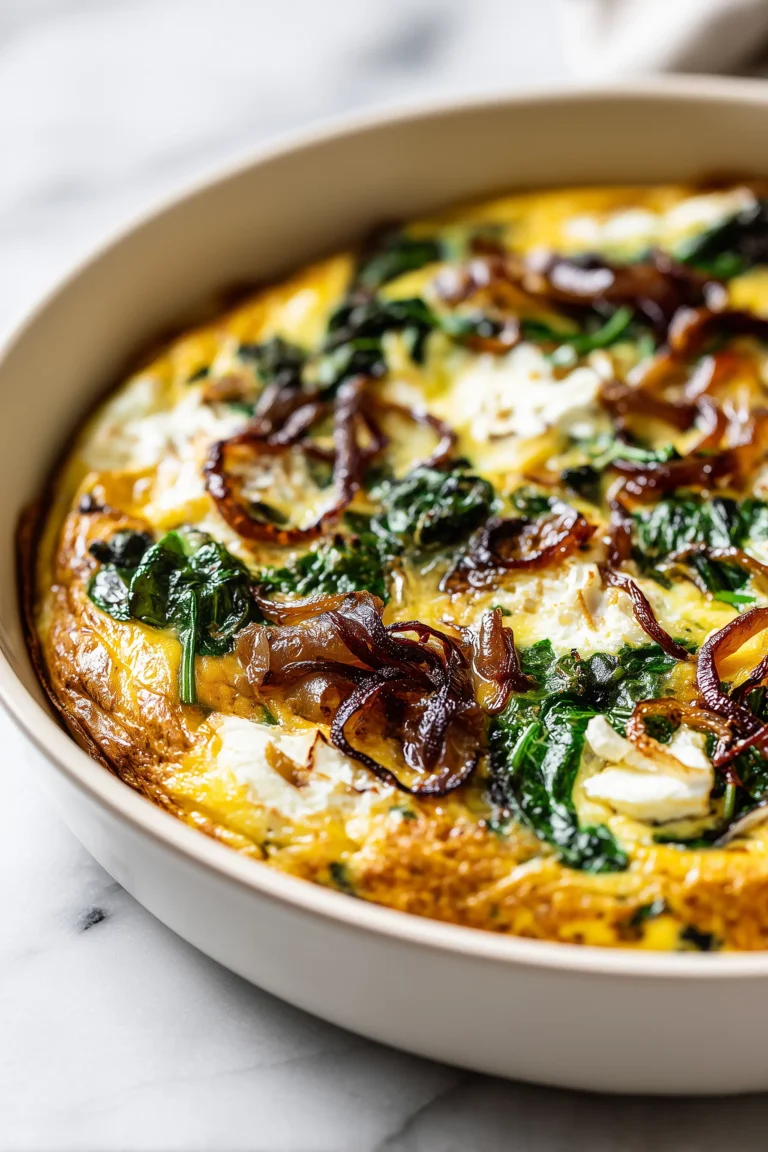 Crustless Spinach Onion Feta Tortilla baked in a pan, golden and full of spinach, onions, and feta.