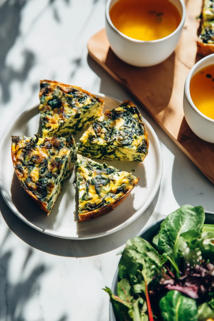 Crustless Spinach Onion Feta Tortilla 4 Crustless Spinach Onion Feta Tortilla plated with salad and soup for serving ideas.