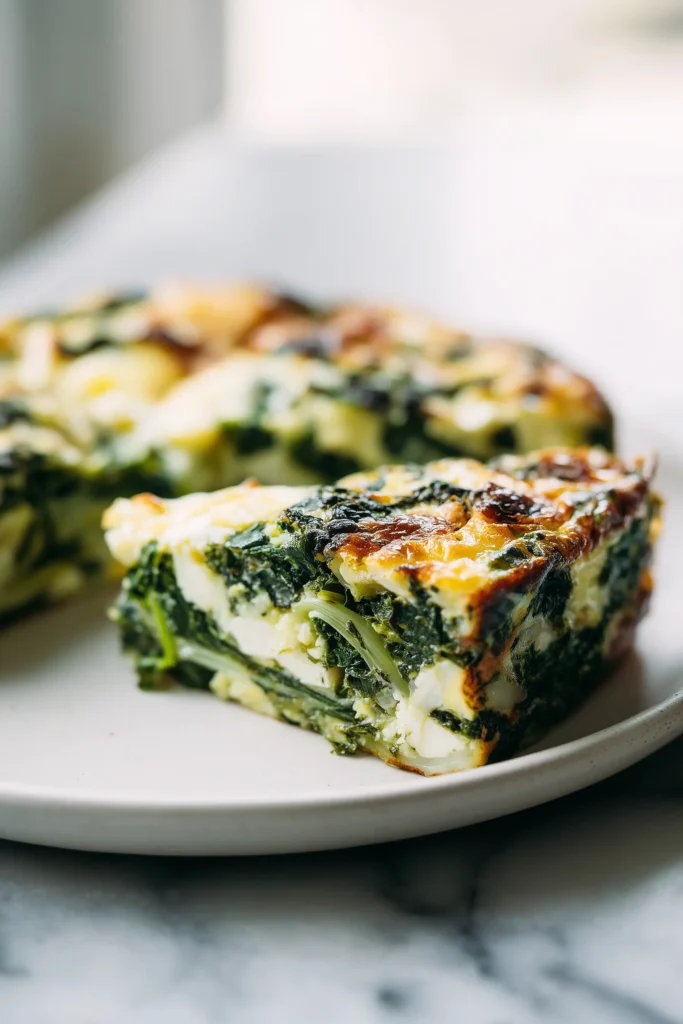 Crustless Spinach Onion Feta Tortilla 3 Close view of Crustless Spinach Onion Feta Tortilla slice with cheese, spinach, and onion.