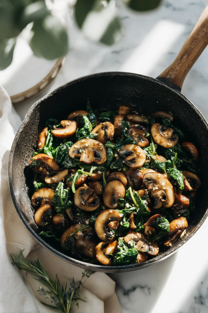 A skillet filled with Easy Sauteed Mushrooms with Spinach, showing tender mushrooms and wilted greens glistening with olive oil and garlic.