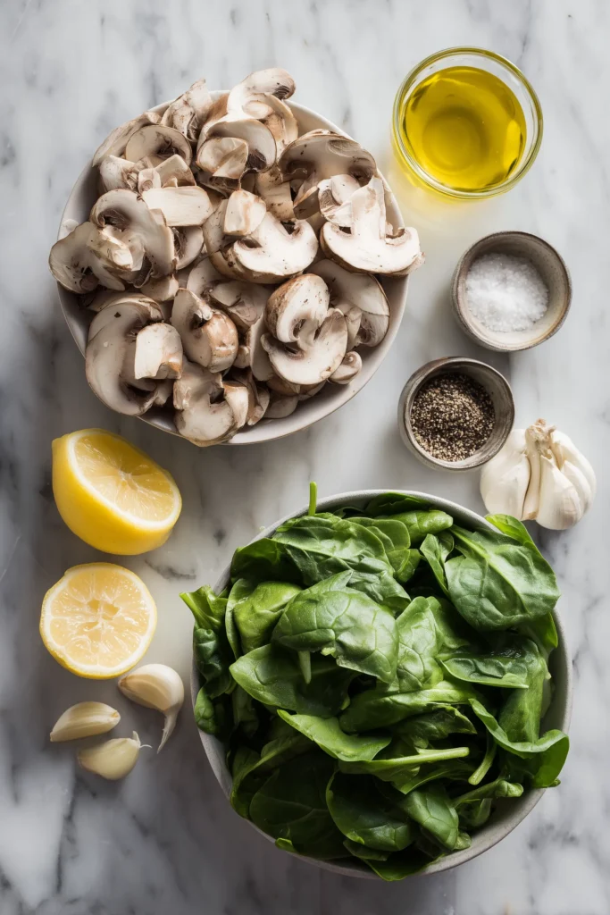 Overhead view of mushrooms, spinach, garlic, lemon, and olive oil, ready for Easy Sauteed Mushrooms with Spinach.