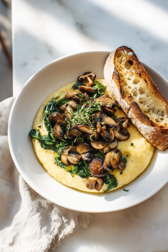 Easy Sauteed Mushrooms with Spinach served over polenta and paired with rustic bread on a white plate.