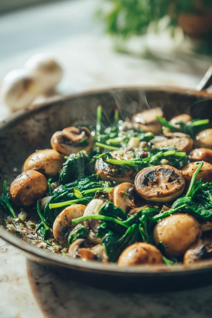 Mushrooms and spinach sauteing in a skillet, garlic visible, demonstrating Easy Sauteed Mushrooms with Spinach.