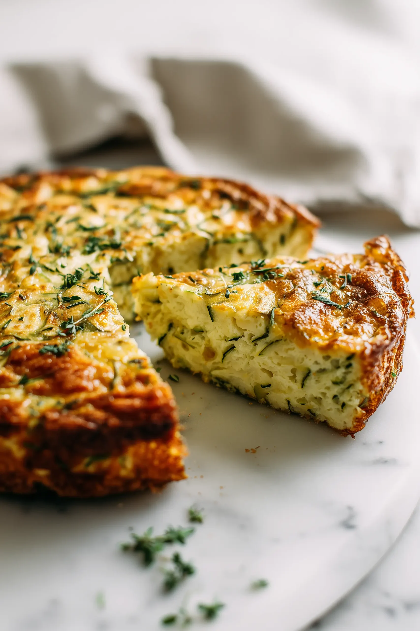 Freshly baked Easy Vegetarian Zucchini Slice with crisp edges and creamy center on a white marble background.
