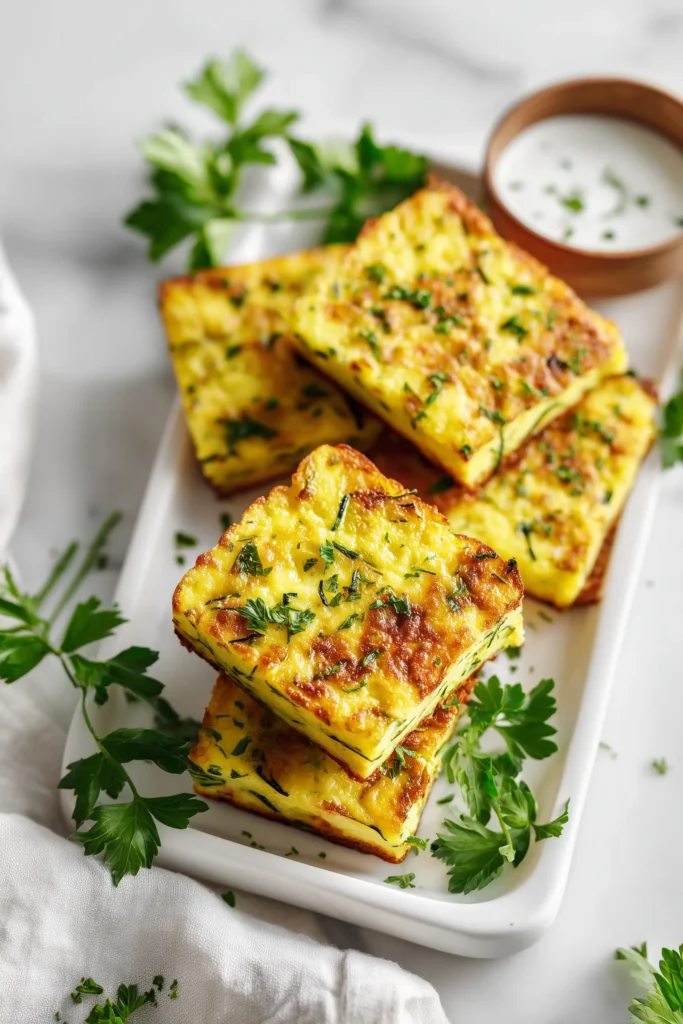 Easy Vegetarian Zucchini Slice 4 Platter of golden Easy Vegetarian Zucchini Slice squares, garnished with parsley, on a white surface.