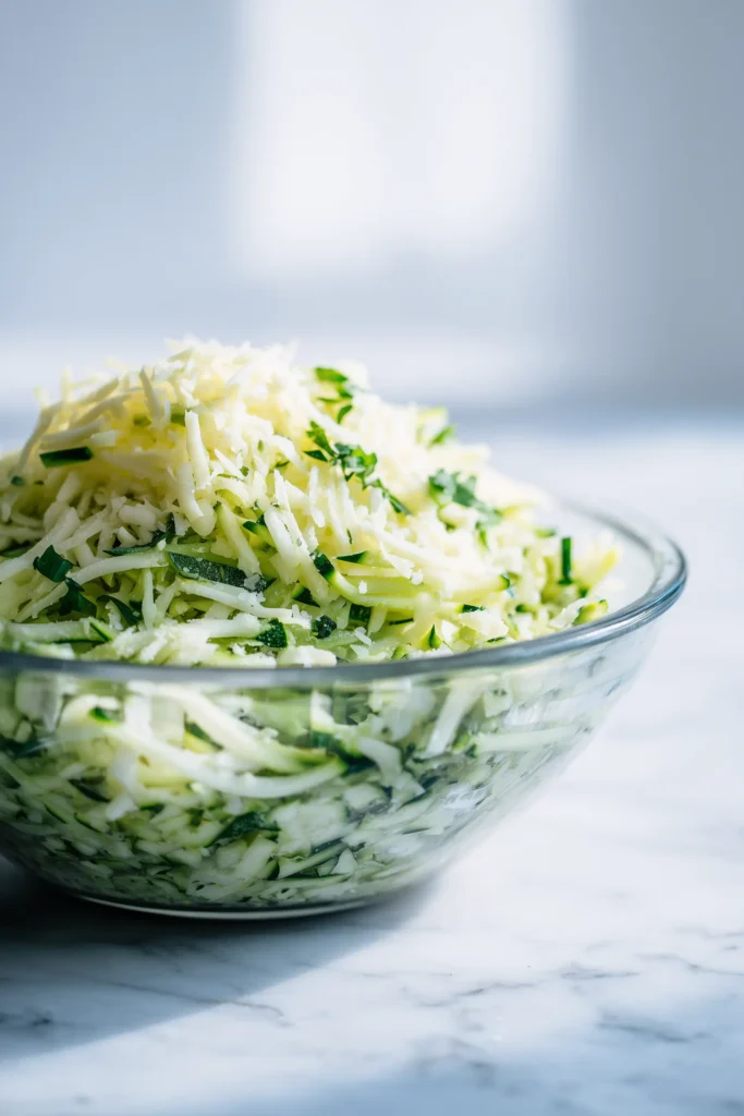 Easy Vegetarian Zucchini Slice 3 Glass bowl with zucchini, cheese, herbs and flour being mixed for Easy Vegetarian Zucchini Slice.