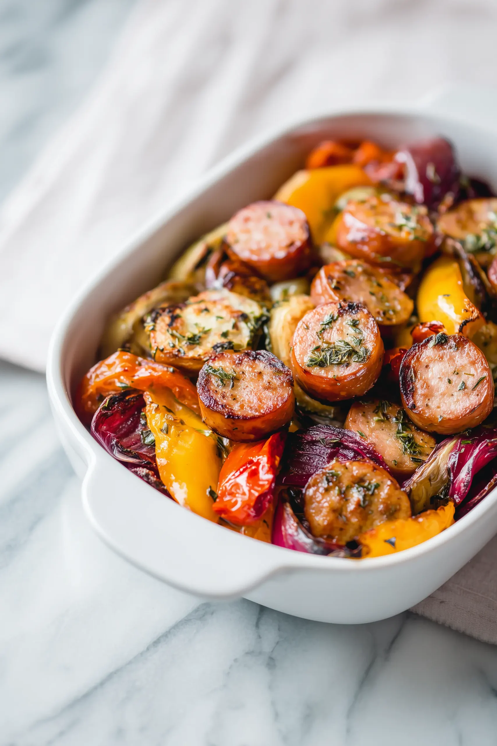 Juicy sausage and vibrant veggies in a white bowl, showing the textures and colors of Air Fryer Sausage and Veggies.