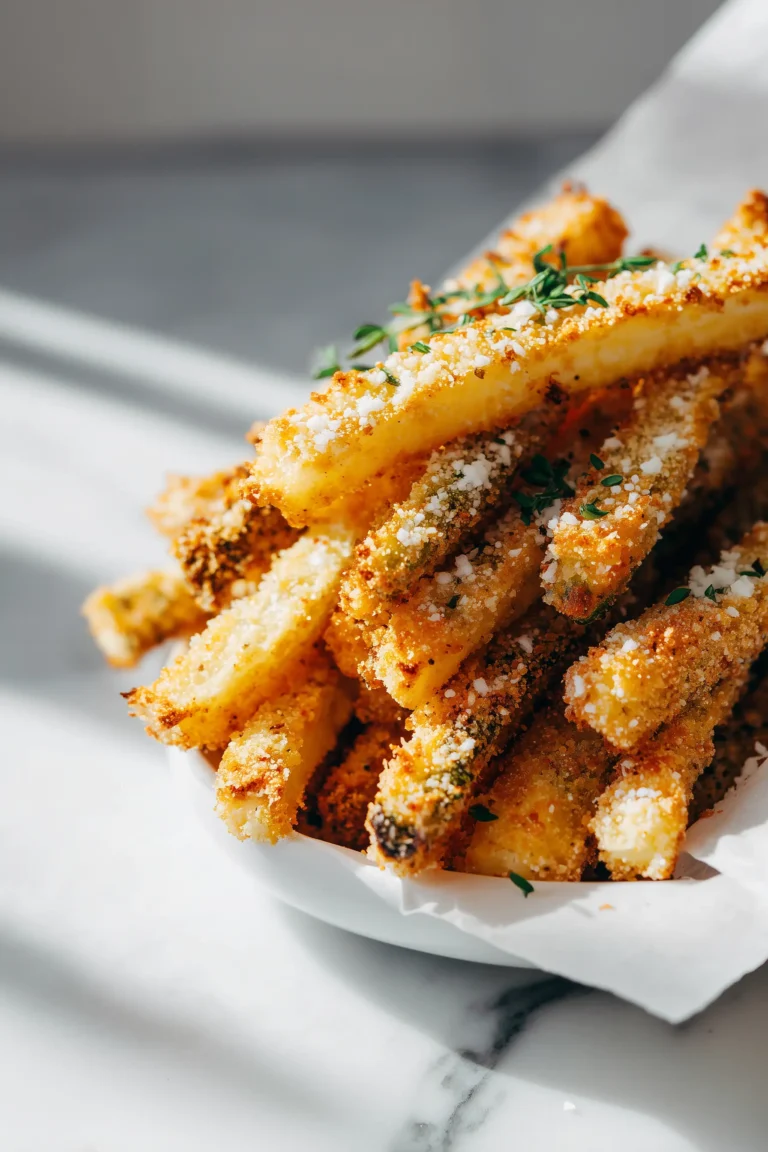 A white plate piled with Air Fryer Zucchini Fries showing their golden, crisp breadcrumb and Parmesan coating.