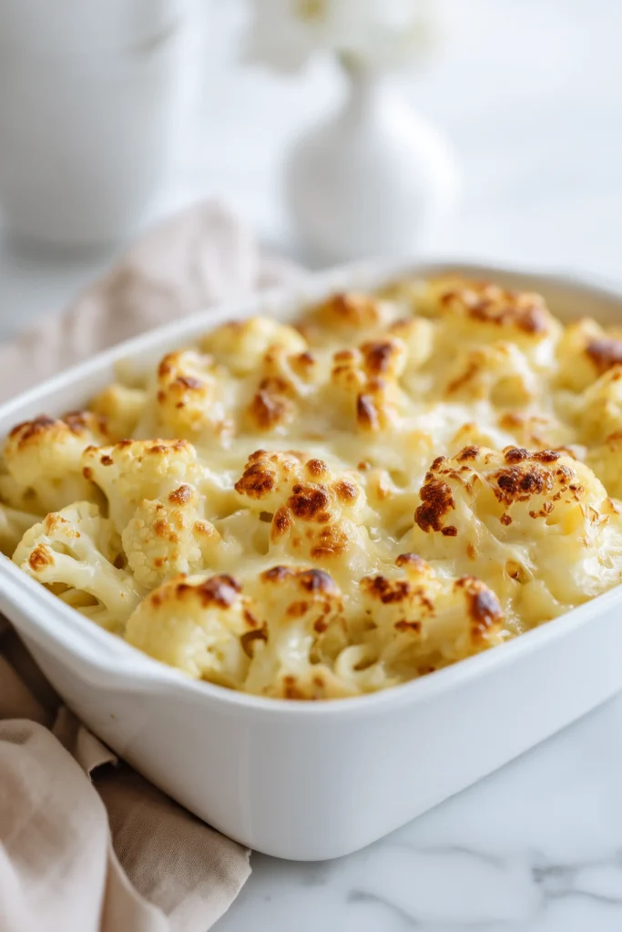 High Protein Cauliflower Mac Cheese Casserole 1 Overhead shot of high protein cauliflower mac cheese casserole in a white baking dish on marble, showing golden, melted cheese and cauliflower.