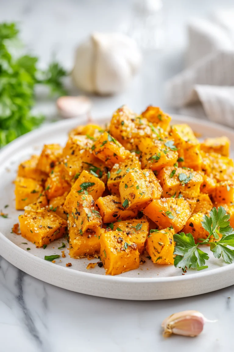 Crispy High Protein Garlic Parmesan Roasted Sweet Potatoes on a marble baking tray with herbs.
