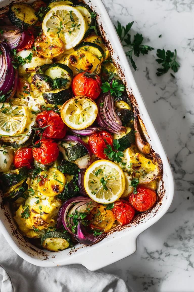 Best Mediterranean Chicken Bake Recipe with juicy chicken, melty cheese, and colorful vegetables in a white baking dish.
