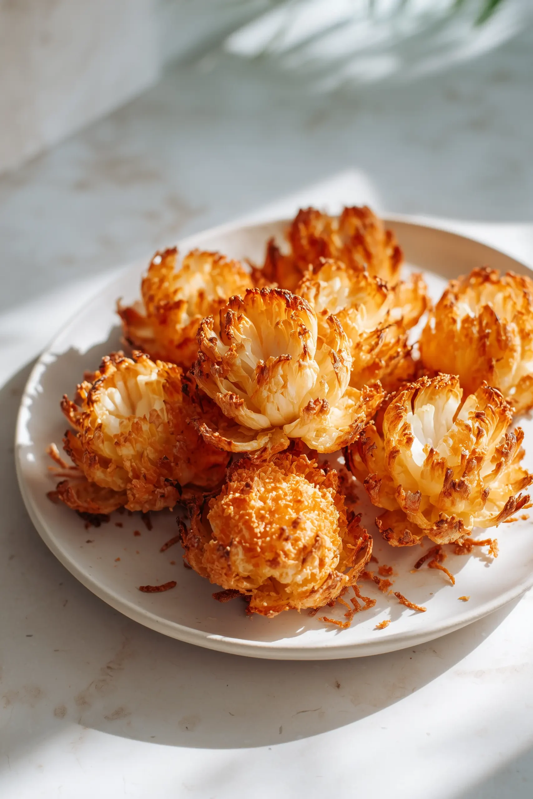Golden, crispy mini blooming onions made using the Crispy Air Fryer Mini Blooming Onions Recipe, arranged on a white platter.